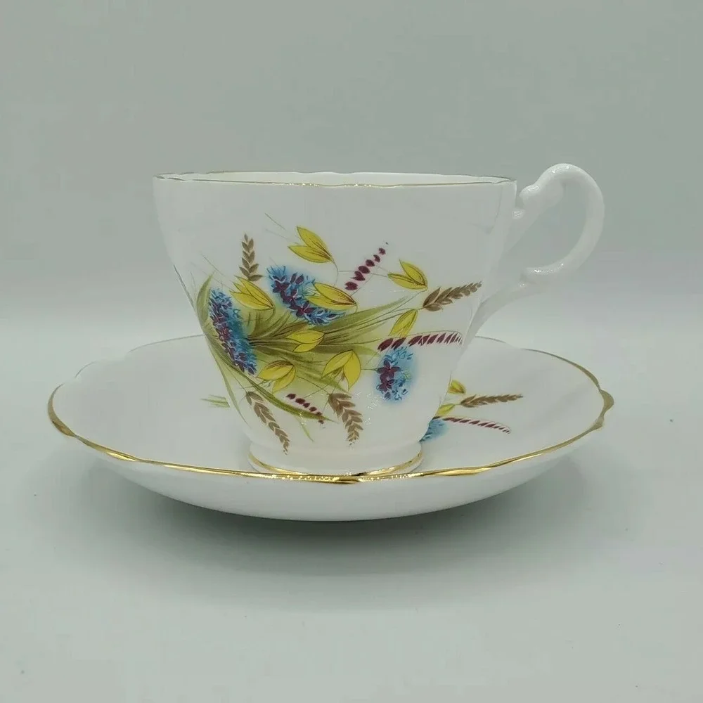 Royal Ascot Tea Cup‎ Saucer Wheat Blue Purple Flower Gold Rim Scallop Footed